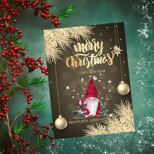 Pine Tree Branches, Balls,Gnome Christmas Holiday Card