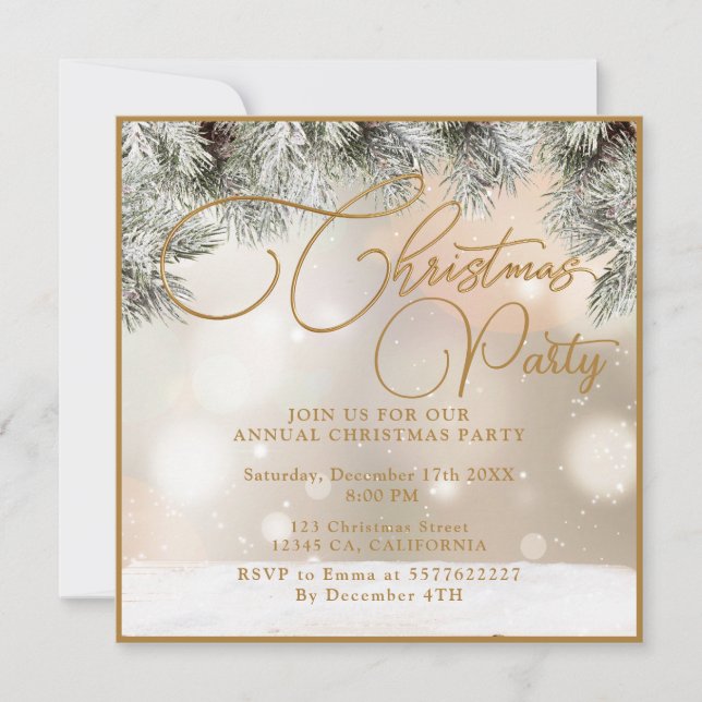 Pine Tree Branches,Balls,Gold Christmas Invitation (Front)