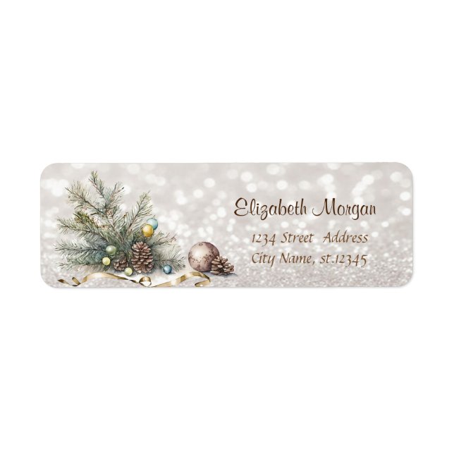 Pine Tree Branches Balls Pine cones Glittery Bokeh Label (Front)
