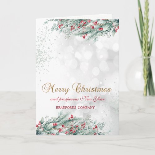 Pine Tree Branches Berries Bokeh Company Holiday Card