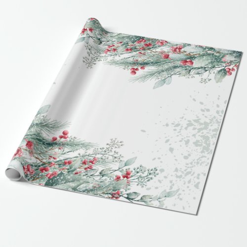 Pine Tree Branches Berries Holiday Wrapping Paper