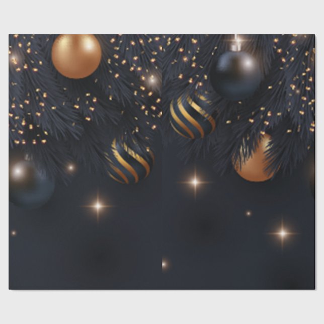 Pine Tree Branches,Christmas Balls Black Wrapping Paper (Seam)