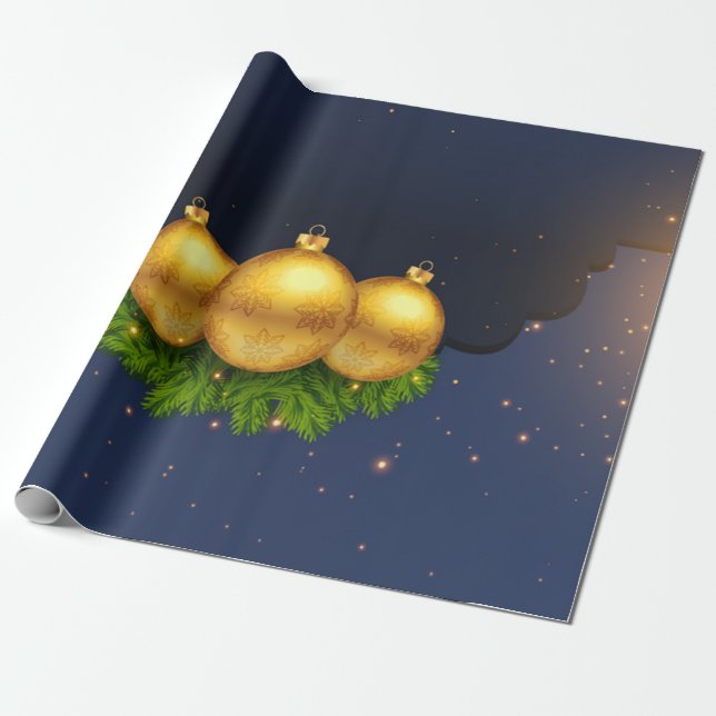 Pine Tree Branches Christmas Balls Wrapping Paper (Unrolled)