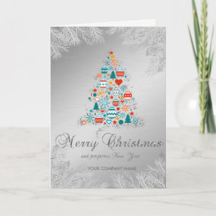Pine Tree Branches Colorful Balls Silver Corporate Holiday Card