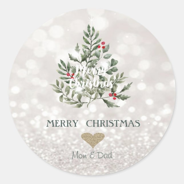  Pine Tree Branches Glittery Bokeh Classic Round Sticker (Front)