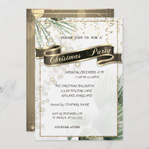 Pine Tree Branches Gold Christmas Company Party  Invitation