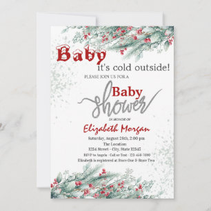 Pine Tree Branches Holly Berry Snow Baby Shower Invitation