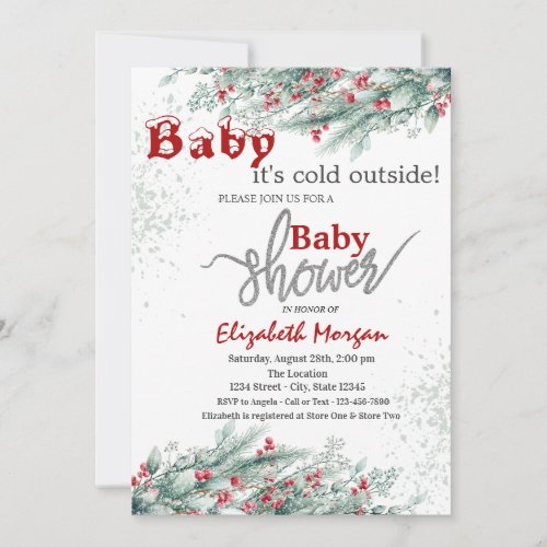 Pine Tree Branches Holly Berry Snow Baby Shower  Invitation