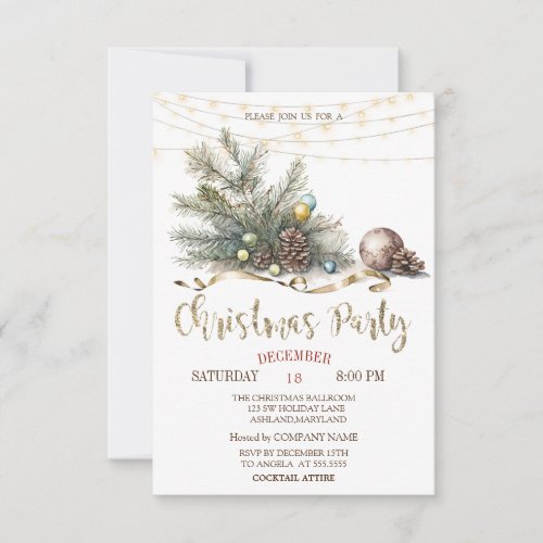 Pine Tree BranchesLights Wood Christmas Party Invitation