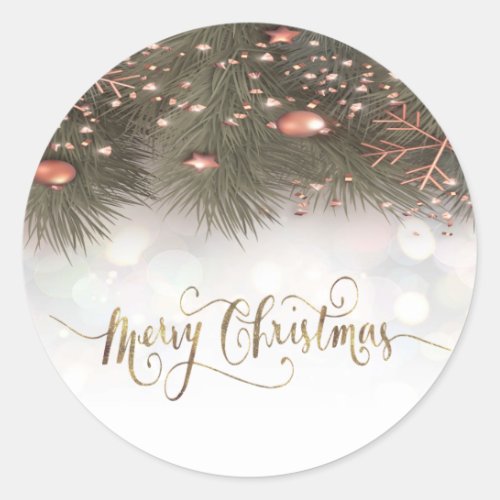 Pine Tree Branches Ornaments Merry Christmas Classic Round Sticker