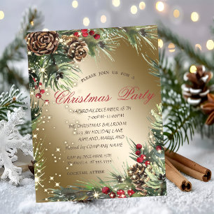 Pine Tree Branches Pinecones Christmas Party Invitation