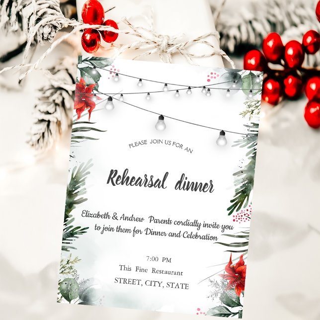 Pine Tree Branches,Poinsettia Rehearsal Dinner Invitation (Creator Uploaded)
