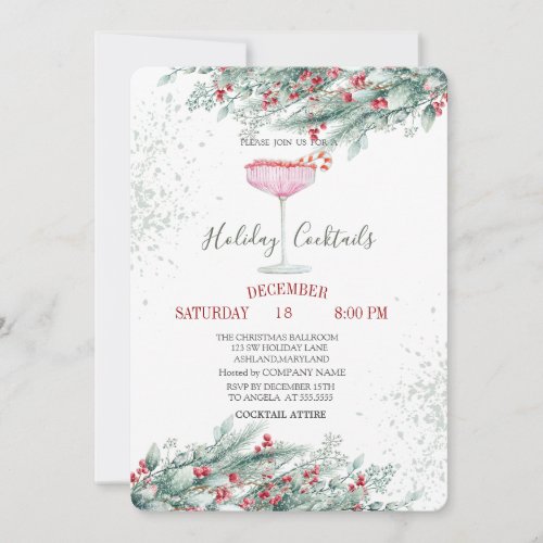 Pine Tree Branches Red Berries Drink Christmas  Invitation