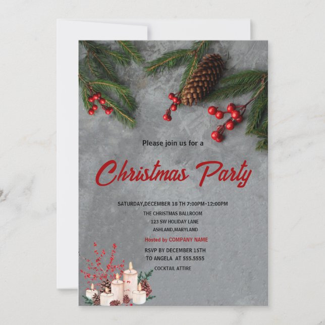 Pine Tree Branches Red Holly Berries Christmas  Invitation (Front)
