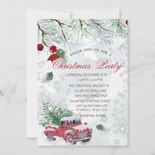 Pine Tree Branches Red Truck Company Party  Invitation