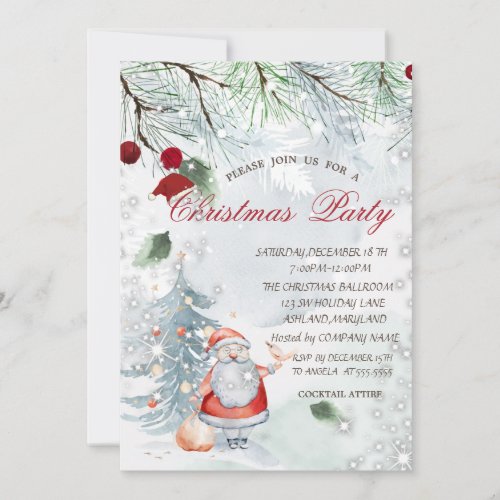Pine Tree Branches Santa Claus Bird Christmas Invitation