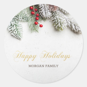 Pine Tree Branches Snow Christmas  Classic Round Sticker