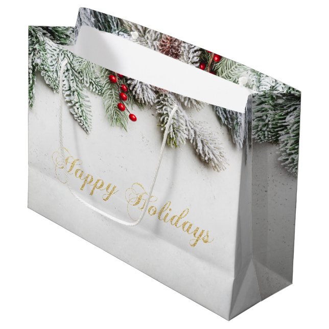 Pine Tree Branches Snow Christmas Large Gift Bag (Front Angled)