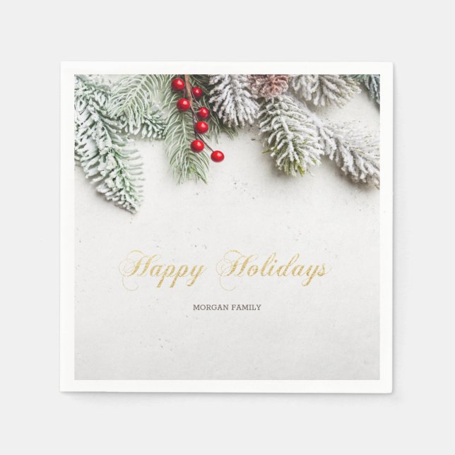 Pine Tree Branches Snow Christmas Napkins (Front)