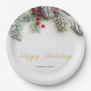 Pine Tree Branches Snow Christmas Paper Plates