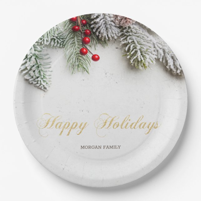 Pine Tree Branches Snow Christmas  Paper Plates (Front)