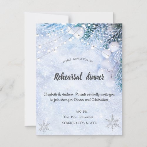 Pine Tree BranchesSnow Lights Rehearsal Dinner Invitation