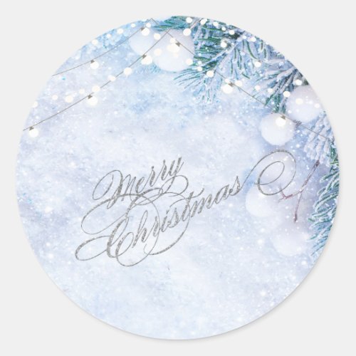 Pine Tree BranchesSnow String Lights  Classic Round Sticker