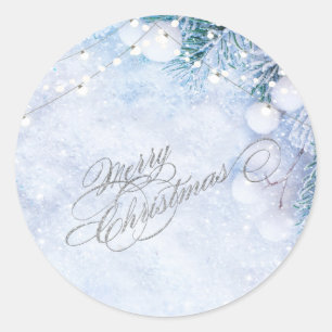 Pine Tree Branches,Snow String Lights Classic Round Sticker