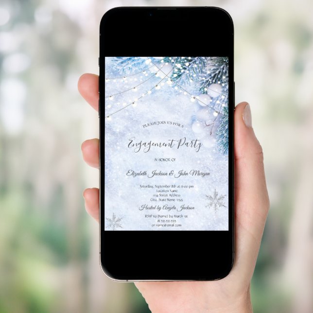 Pine Tree Branches,Snow String Lights Engagement  Invitation (Front Digital)