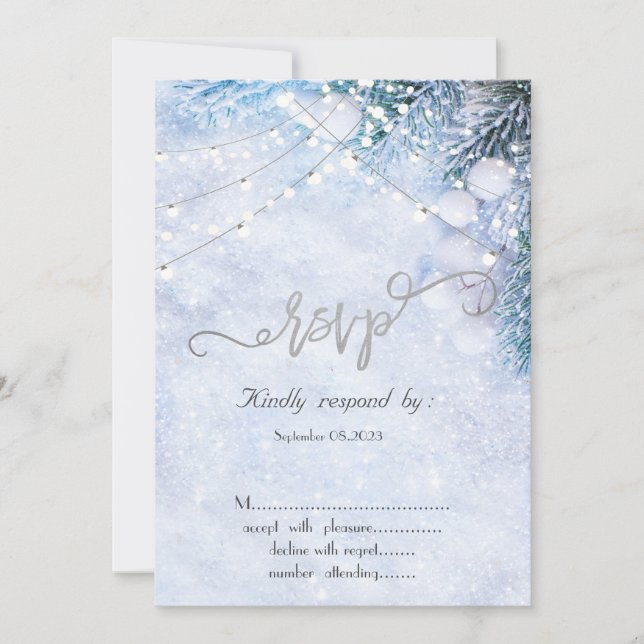 Pine Tree Branches,Snow String Lights RSVP  Invitation (Front)