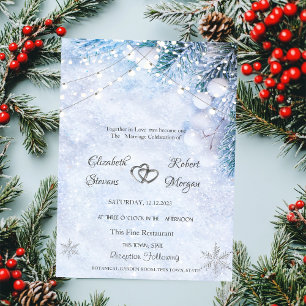 Pine Tree Branches,Snow String Lights Wedding Invitation