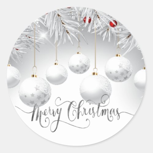 Pine Tree Branches White Balls Merry Christmas Classic Round Sticker