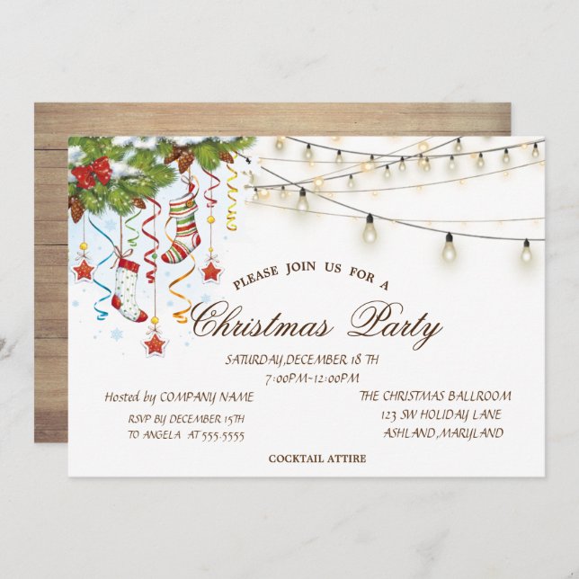 Pine tree Branches Wood,String Lights Christmas Invitation (Front/Back)