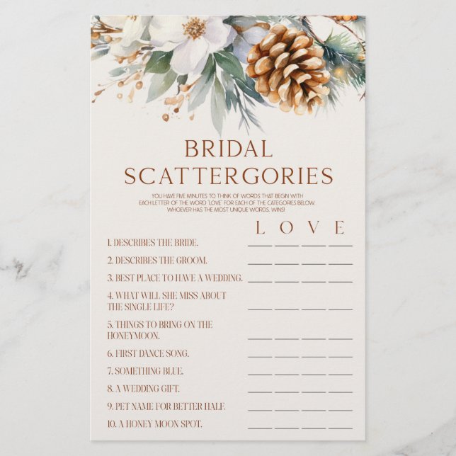 Pine Tree Bridal Scattergories Bridal Shower Game  Stationery (Front)