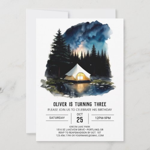 Pine Tree Campout Journey Birthday Invitation