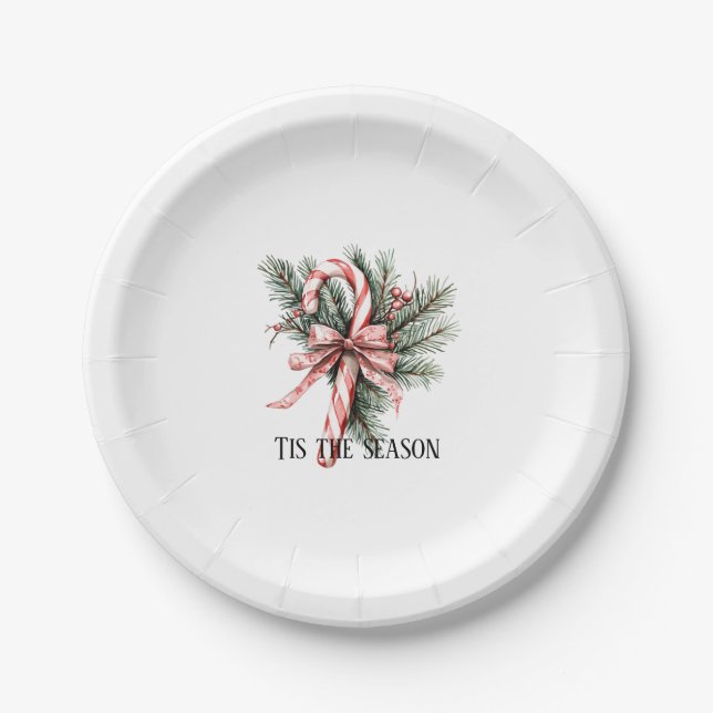 Pine Tree Candy Cane Red Christmas Paper Plates (Front)
