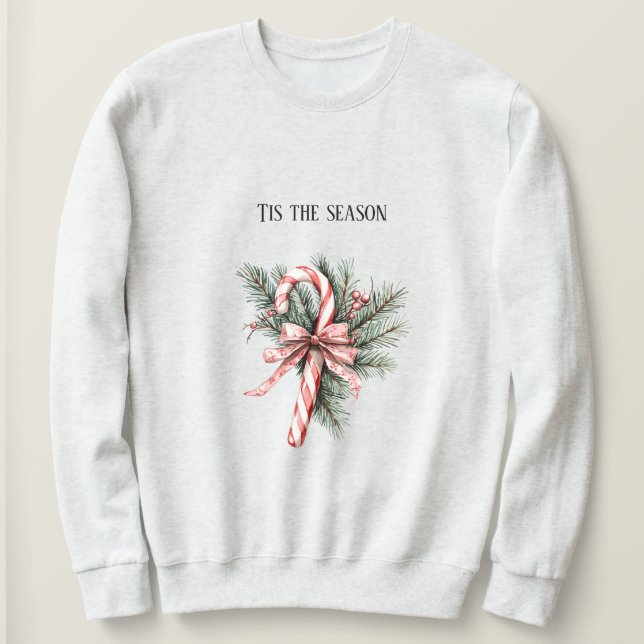 Pine Tree Candy Cane Red Christmas Sweatshirt (Design Front)