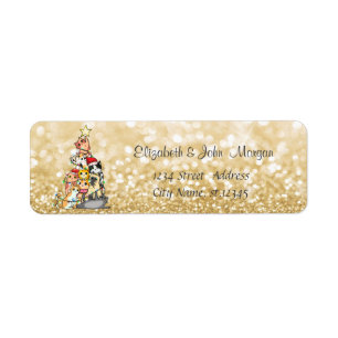 Pine Tree Cats,Gold Glittery Bokeh Label
