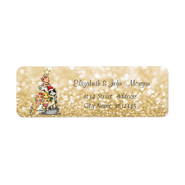 Pine Tree Cats,Gold Glittery Bokeh Label (Front)