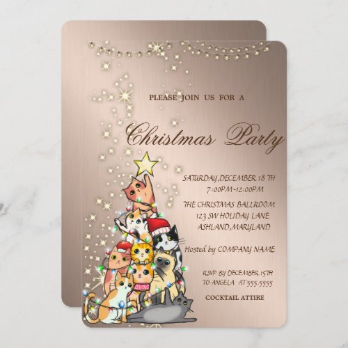 Pine Tree CatsSparkleLightsChristmas Party  Invitation