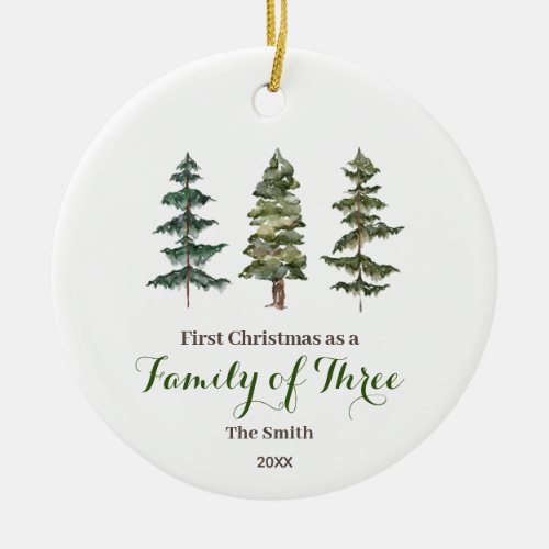 Pine Tree Christmas as a Family of Three Ceramic Ornament