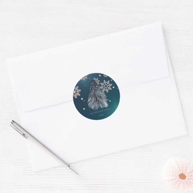 Pine Tree - Christmas Cute  Family Name  Classic Round Sticker (Envelope)