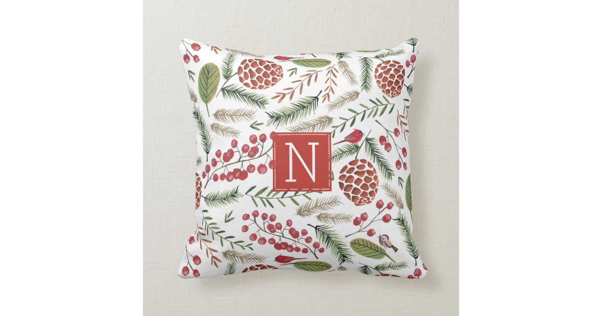 Pine Tree Christmas Holiday Monogram Pillow