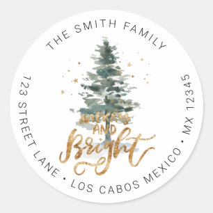 Pine Tree Christmas Merry & Bright Return Address Classic Round Sticker