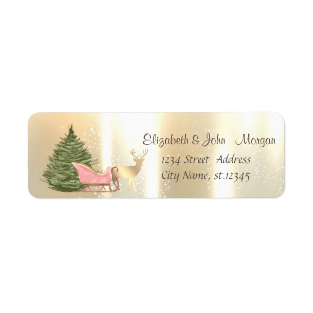 Pine Tree,Christmas Sleigh,Gold Reindeer Holiday Label (Front)