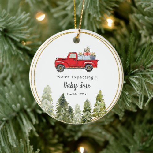 PINE TREE Christmas Truck Were Expecting Parents Ceramic Ornament