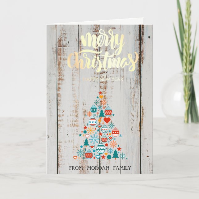 Pine Tree Colorful Balls Wood Merry Christmas Holiday Card (Front)