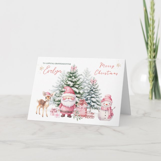 Pine Tree Fawn Santa Granddaughter Christmas Card (Front)