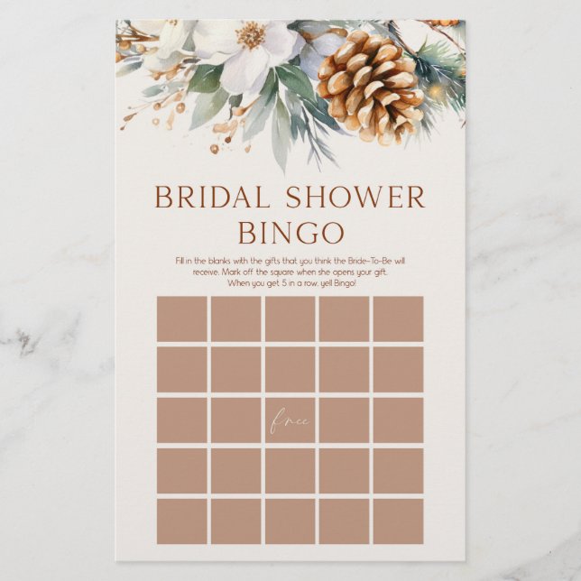 Pine Tree Floral Bingo Bridal Shower Game Stationery (Front)