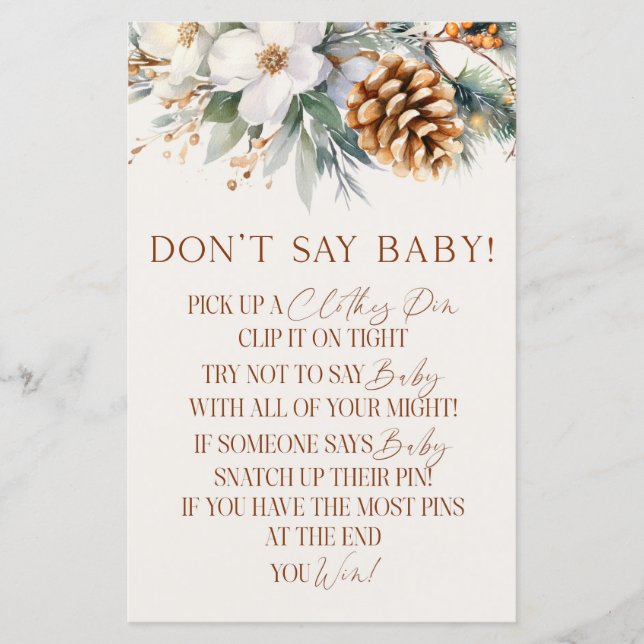 Pine Tree Floral Don't Say Baby Shower Game (Front)